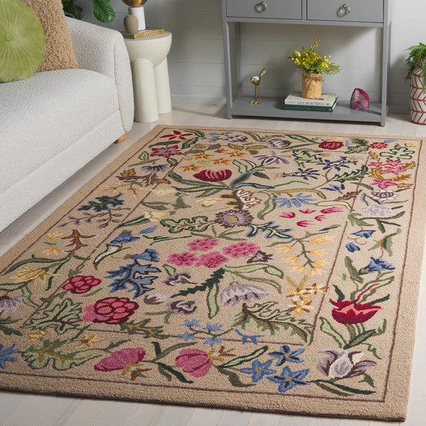 Chelsea Wool Rug in Beige and Pink with Floral Design