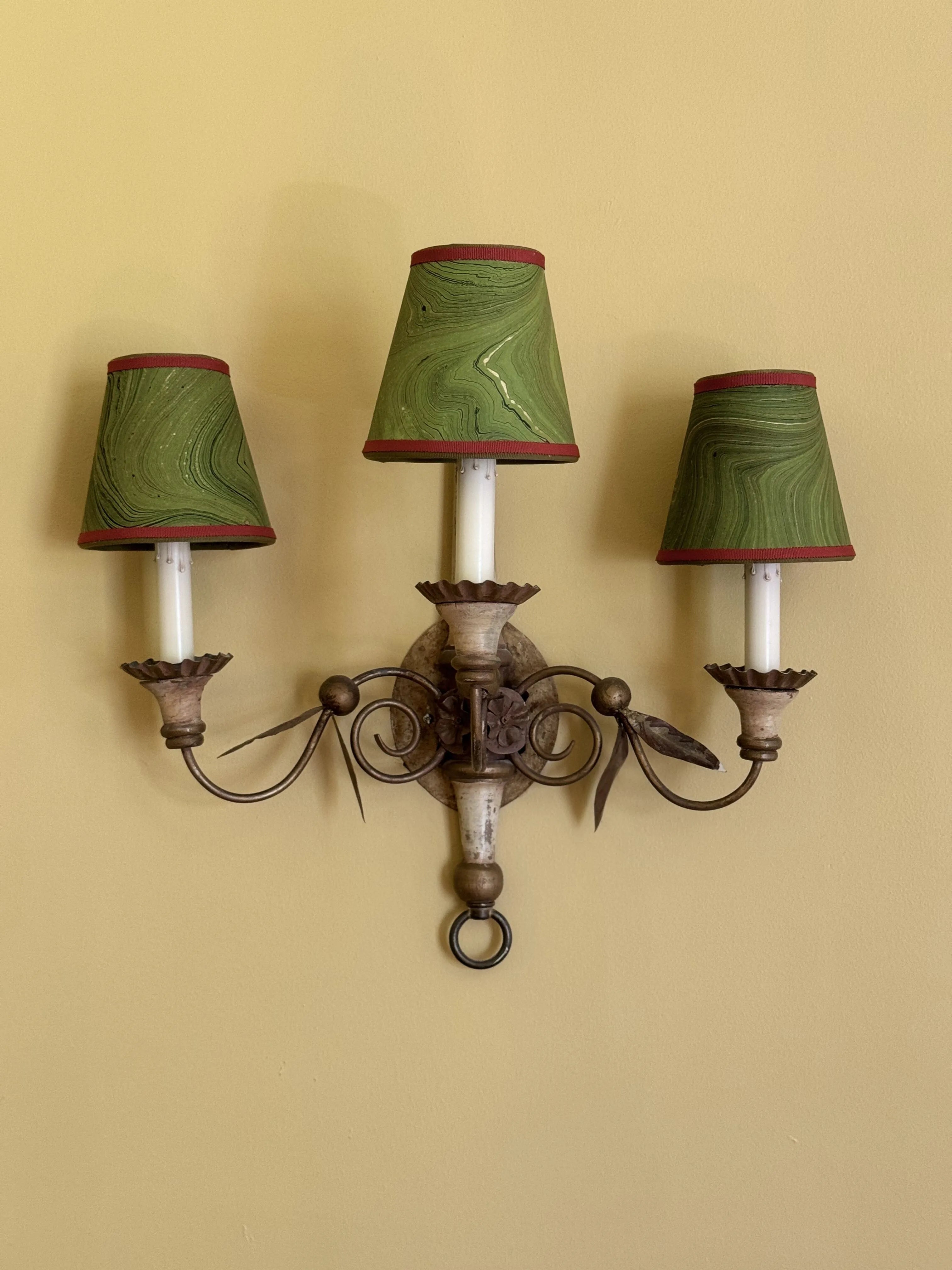 Sconce Lampshade in Marbled Hunter Green (Red trim)