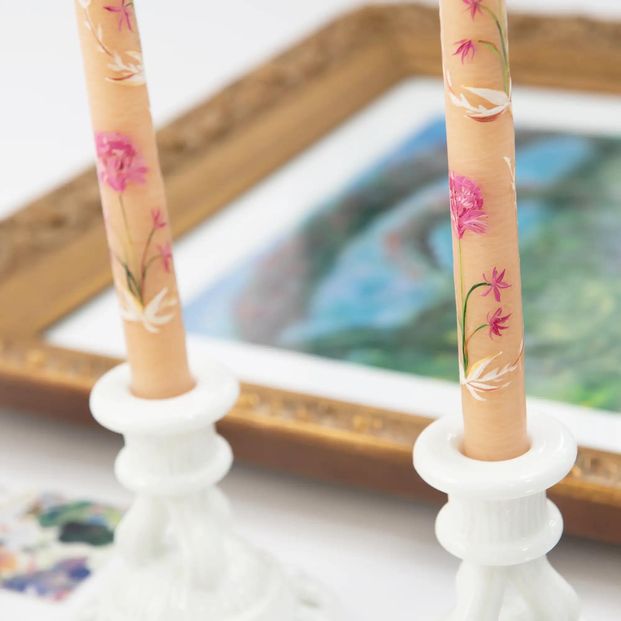 Set of 2 Hand-Painted Tapers - In Bloom