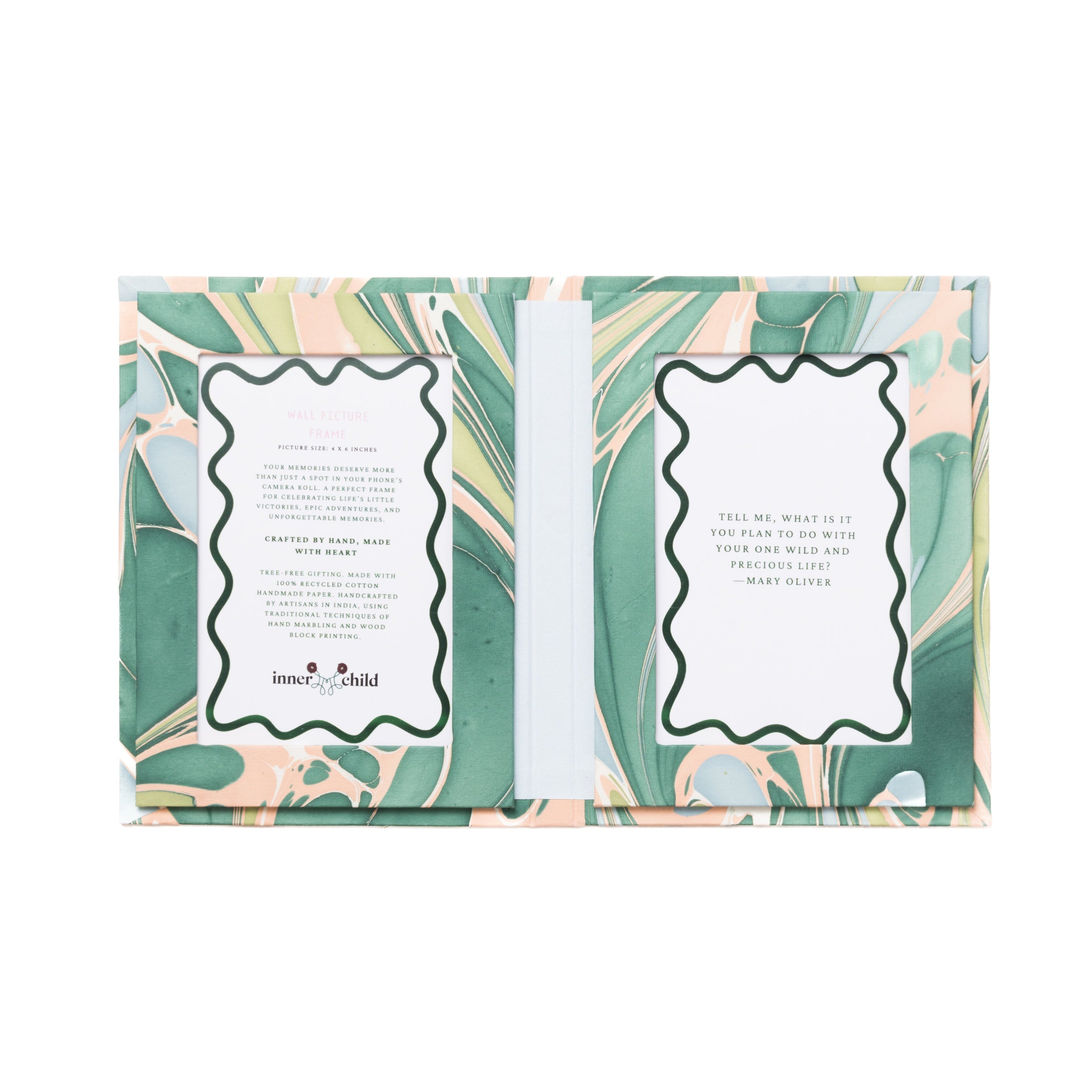 Hand Marbled Picture Frame Folding Book, 4x6 in Green and Pink