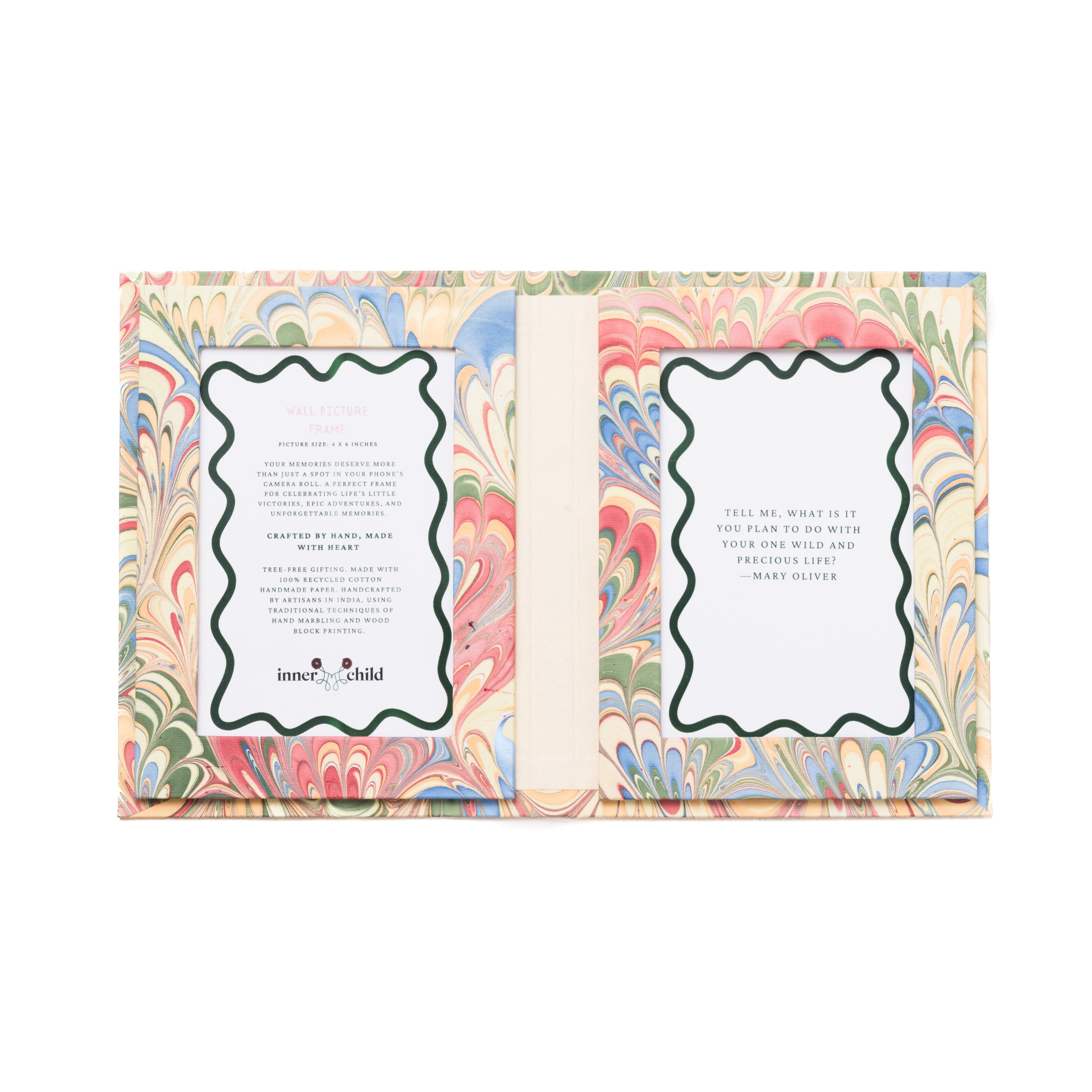 Hand Marbled Picture Frame Folding Book, 4x6 in Multicolor Marbling