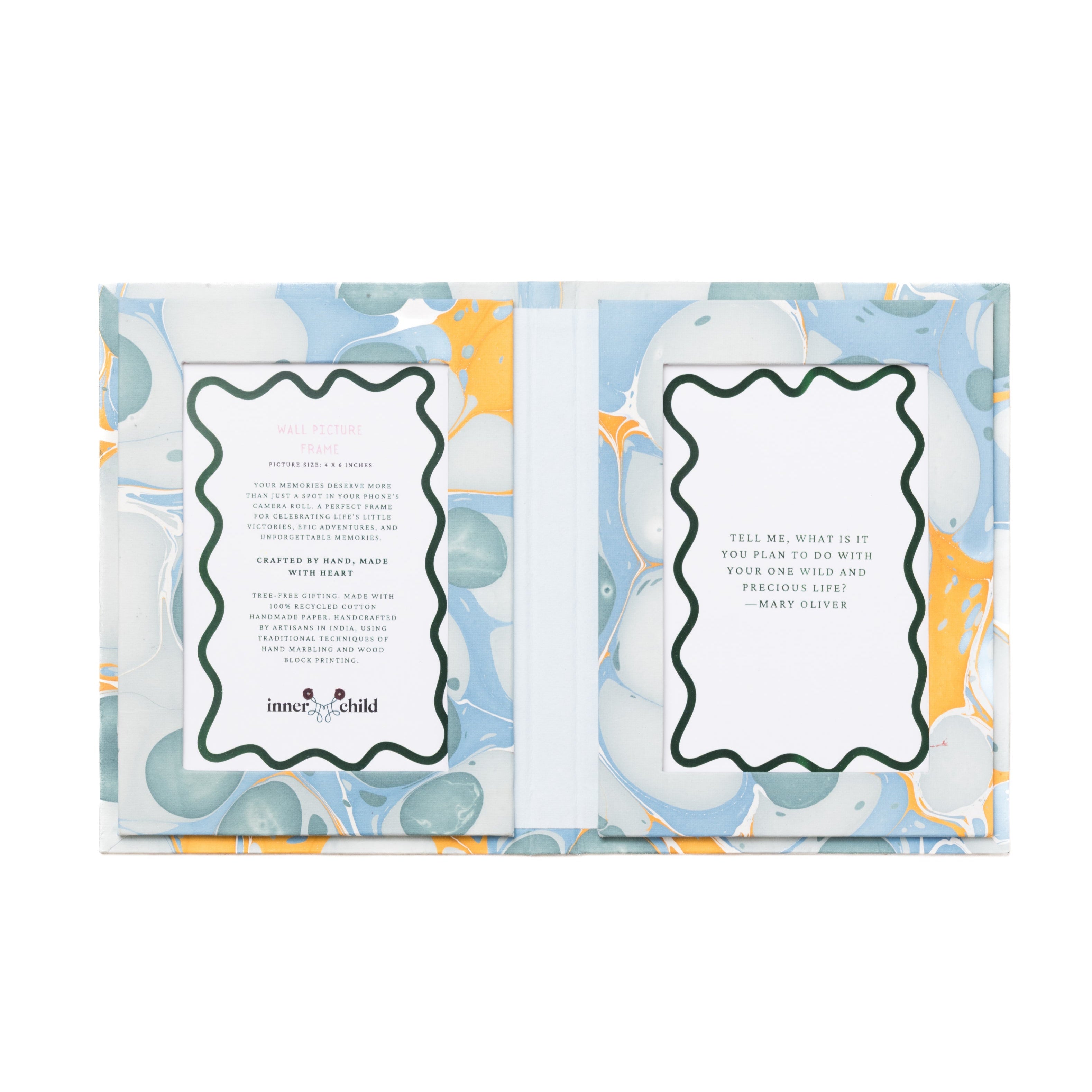 Hand Marbled Picture Frame Folding Book, 4x6 in Grey and Blue