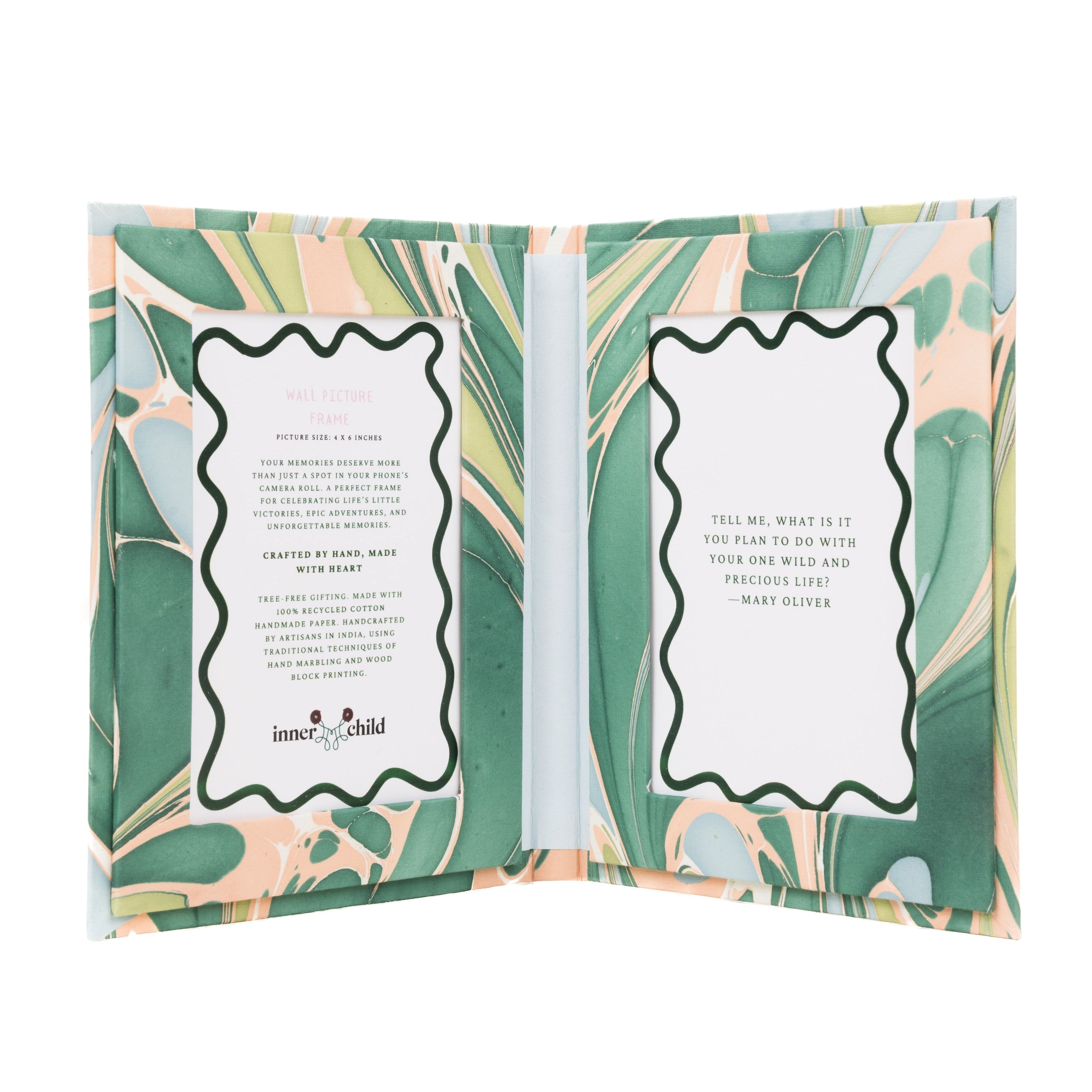 Hand Marbled Picture Frame Folding Book, 4x6 in Green and Pink