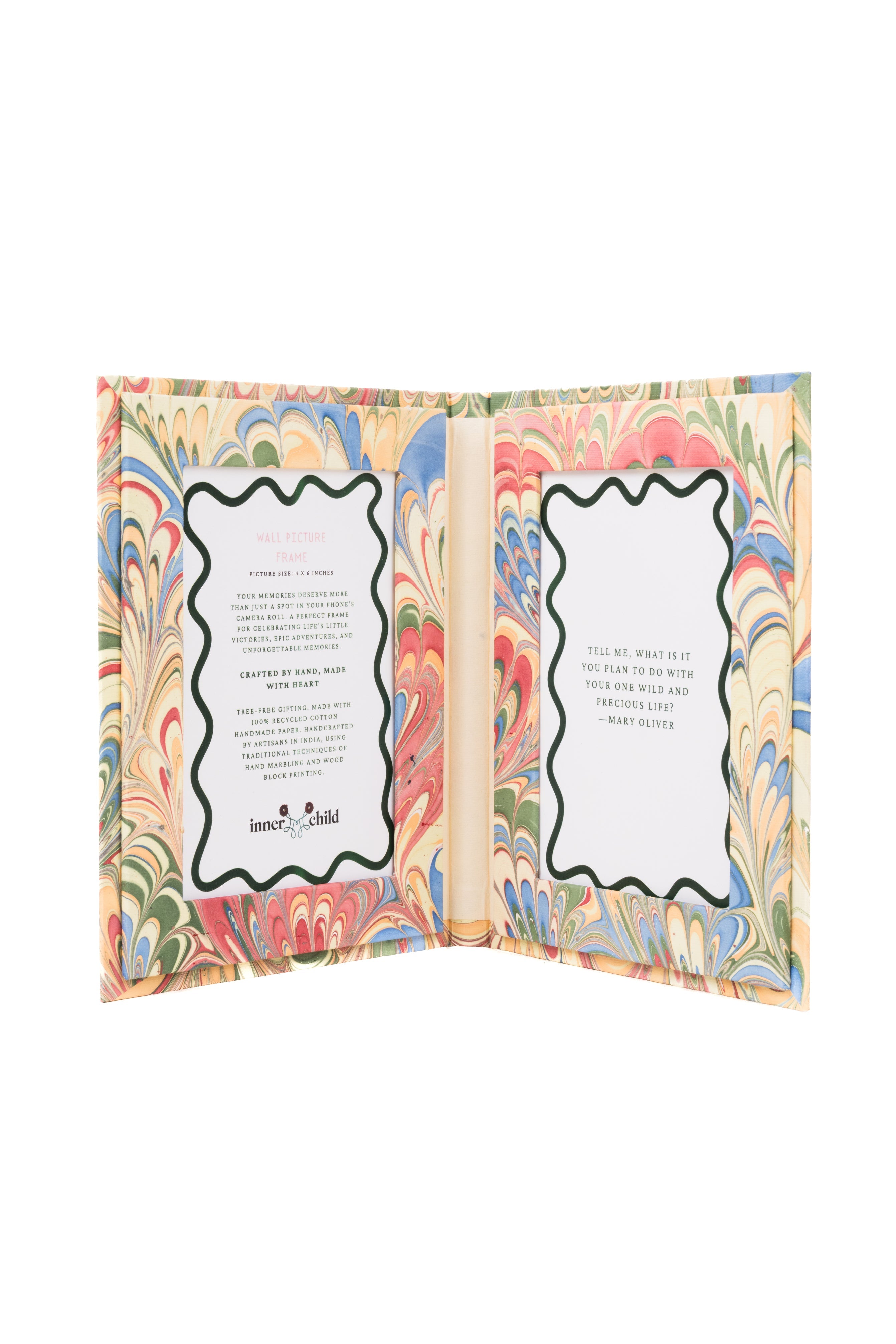 Hand Marbled Picture Frame Folding Book, 4x6 in Multicolor Marbling