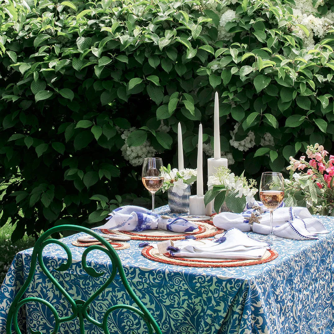 Damask print tablecloth, blue