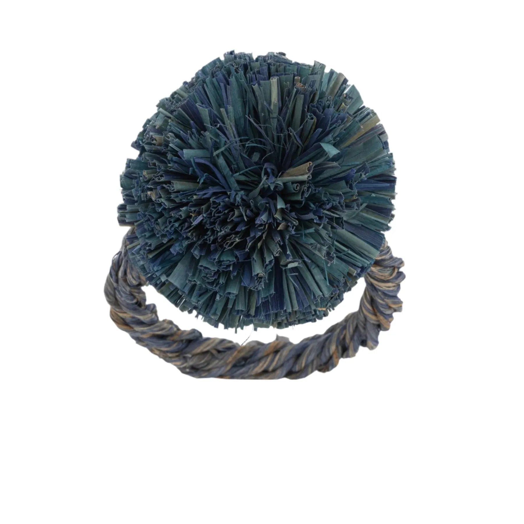 Straw pompom napkin rings, indigo, set of four