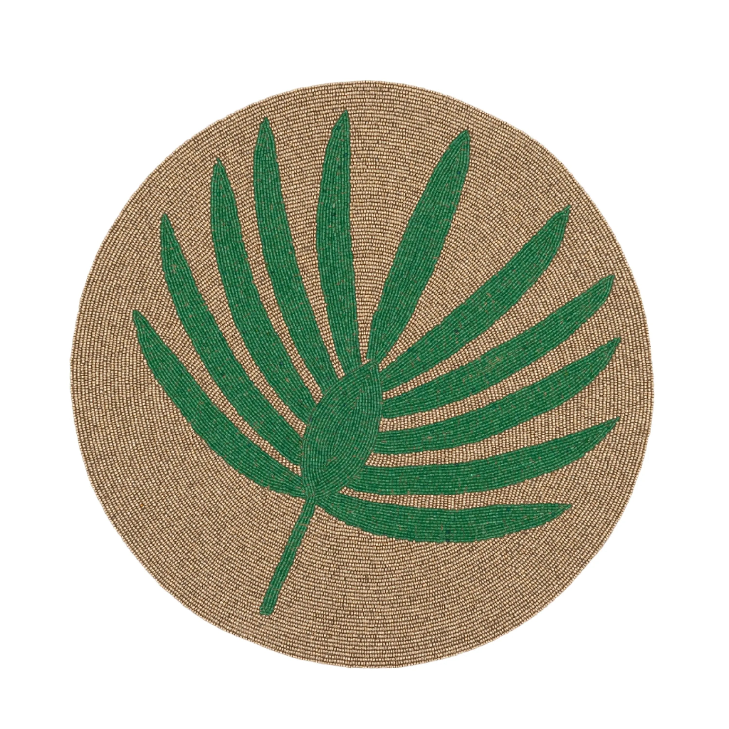 Palm frond hand beaded placemat, green