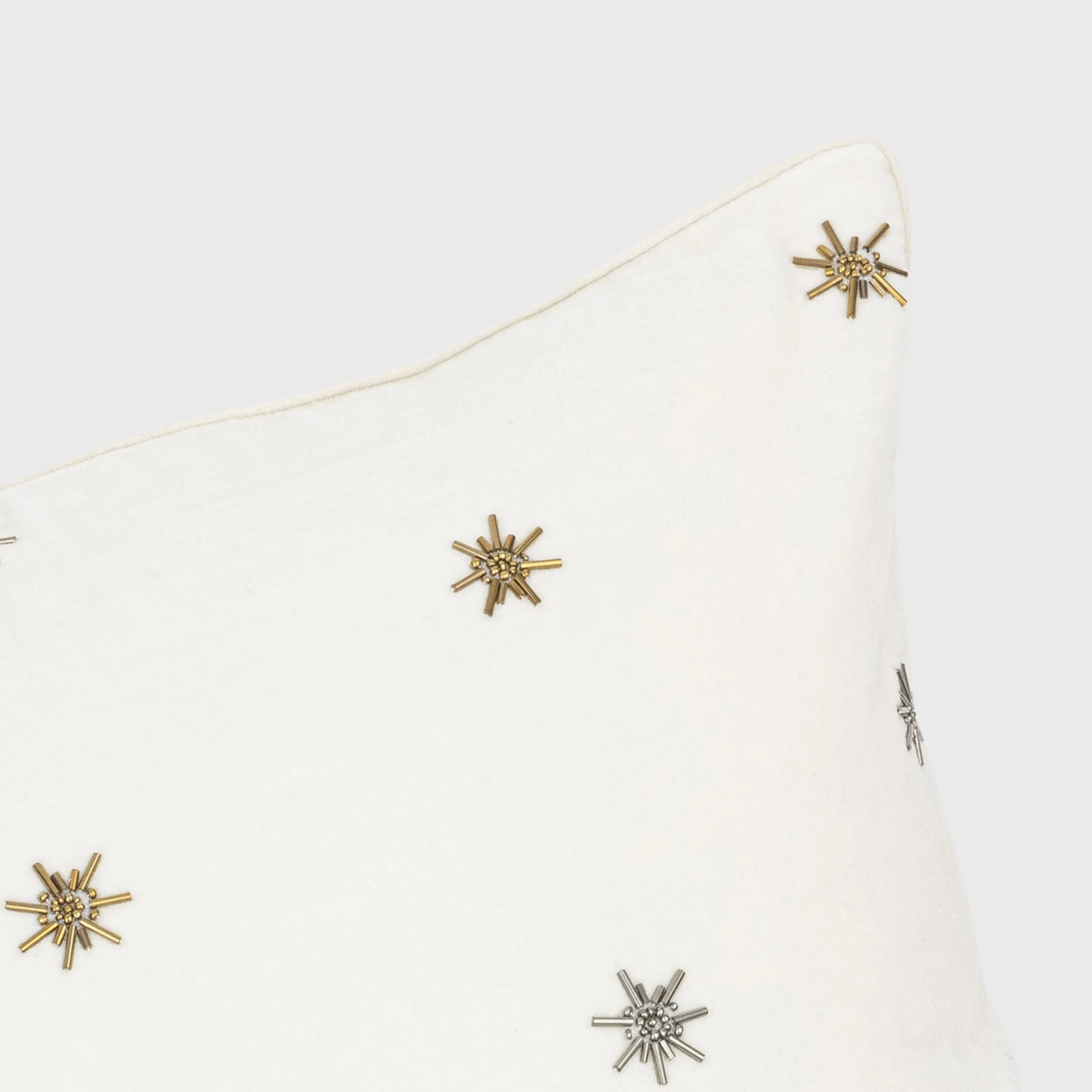 Embroidered star pillow, cream cotton velvet