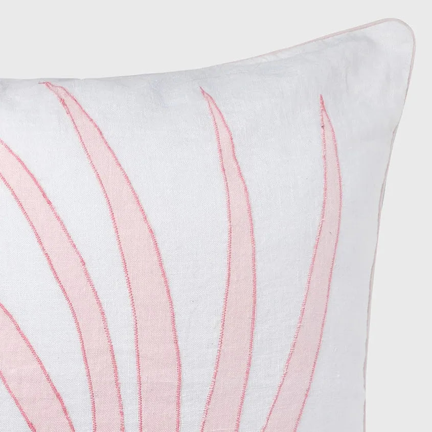 Palm frond pillow, white linen with pale pink