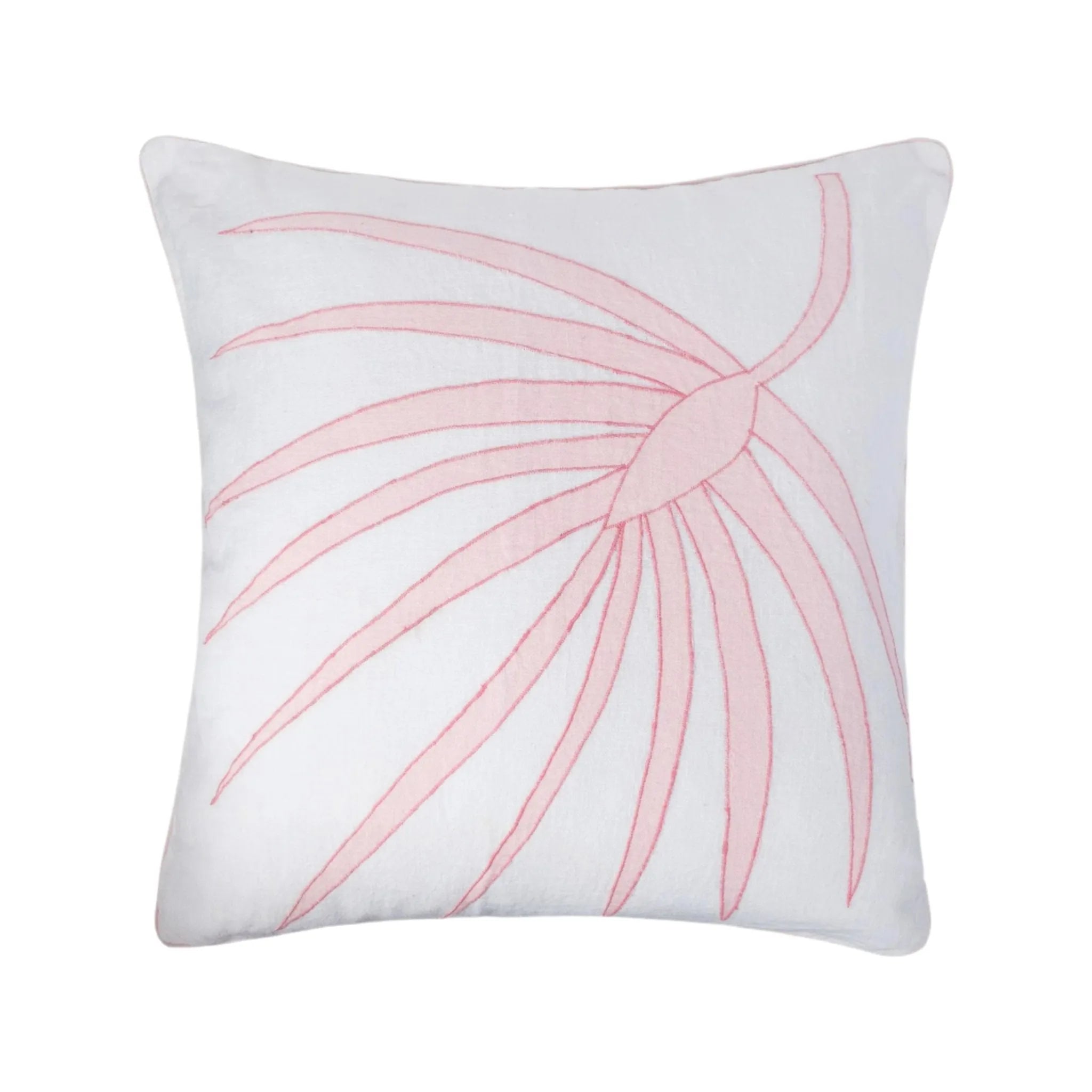 Palm frond pillow, white linen with pale pink