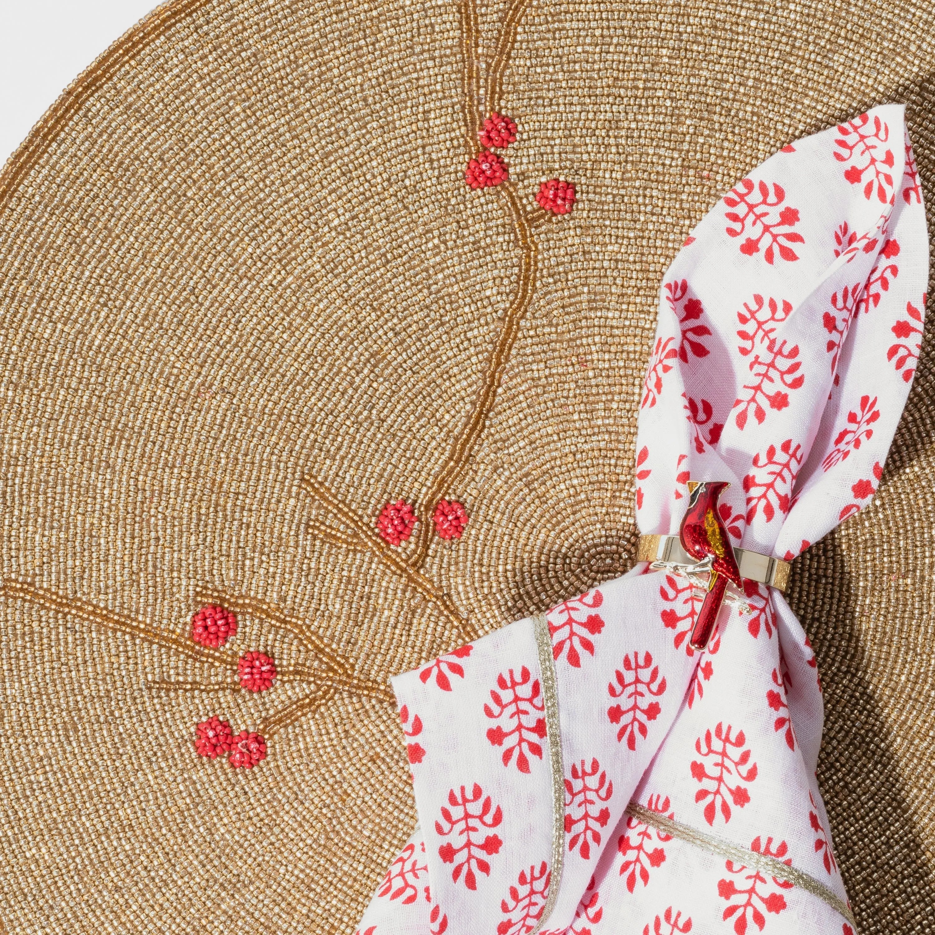 Berry hand beaded placemat , gold and red