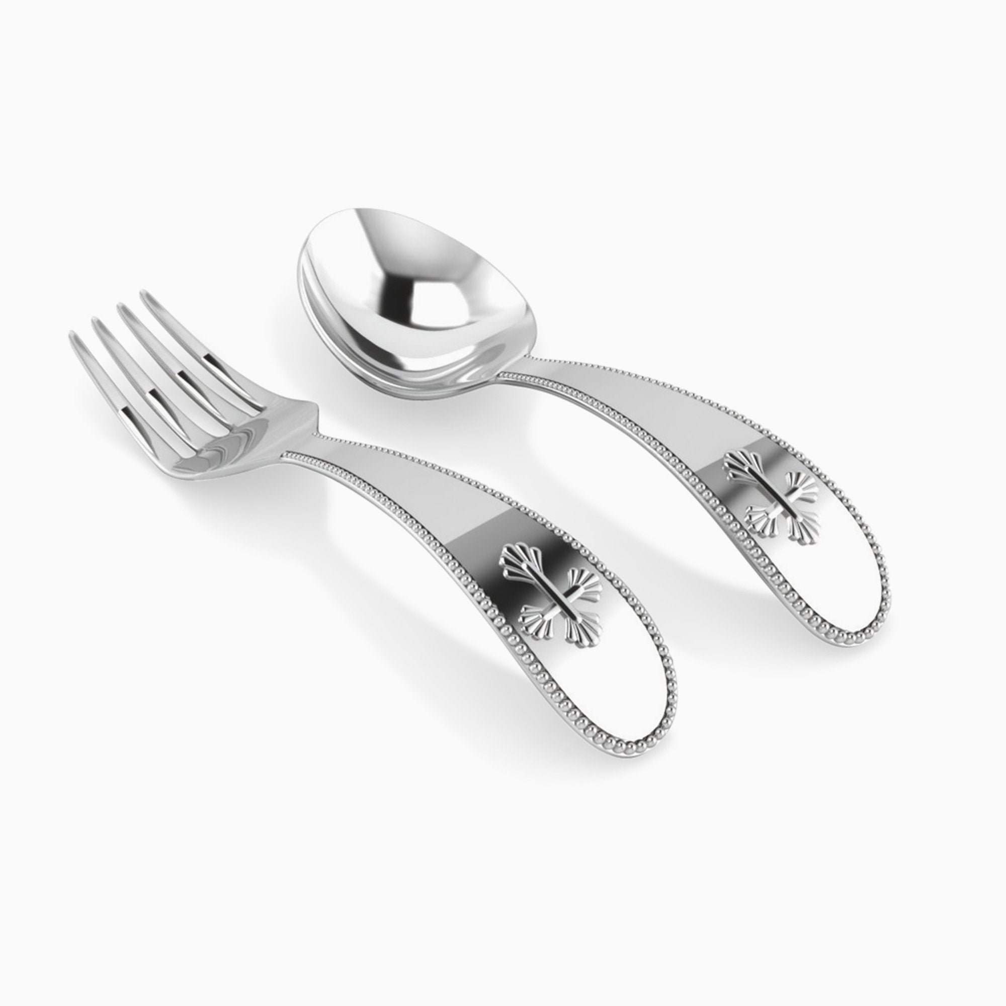 Sterling Silver Beaded Cross Baby Spoon & Fork Set by Krysaliis