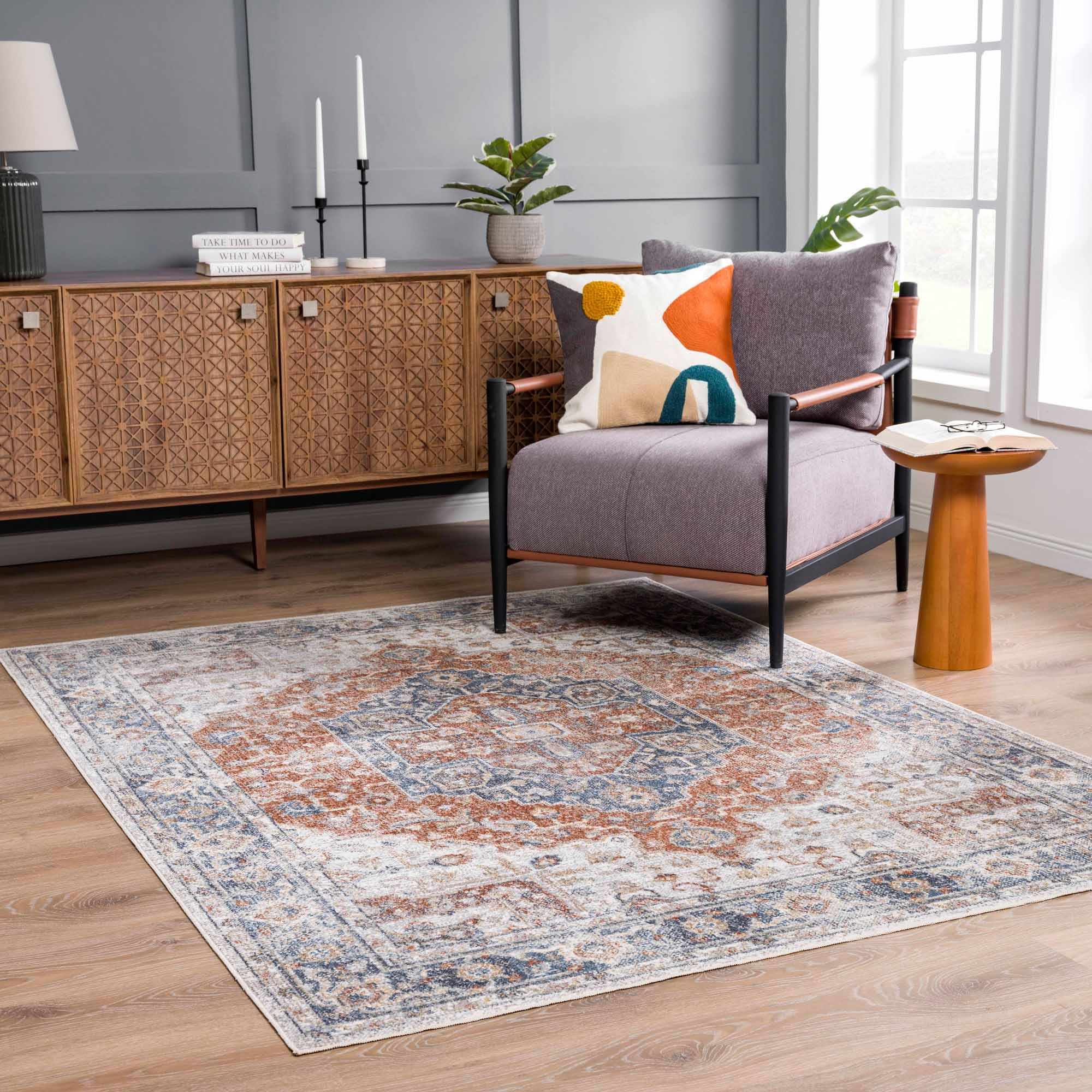 Akram Gray & Orange Polyester Area Rug