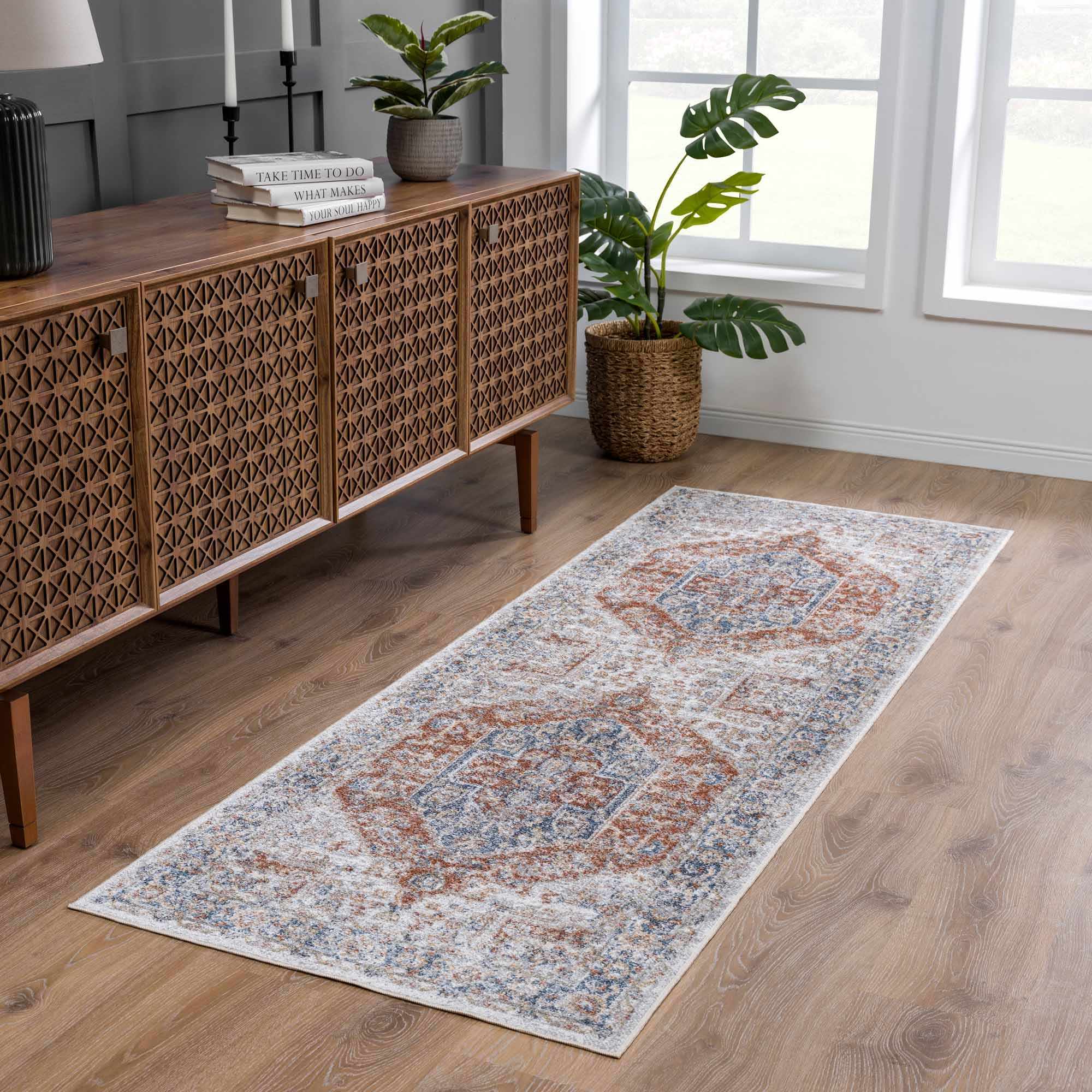 Akram Gray & Orange Polyester Area Rug