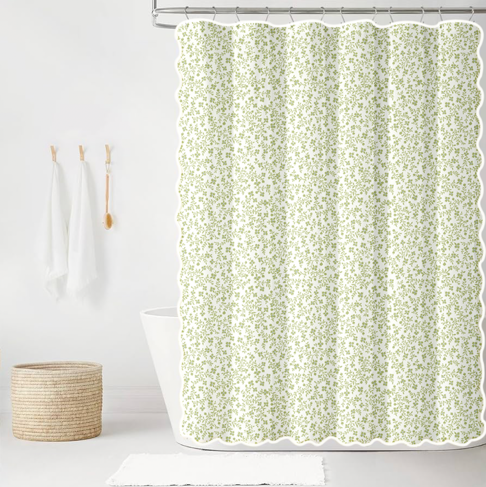 Megan in Eloise & Rain Scalloped Edge Shower Curtain