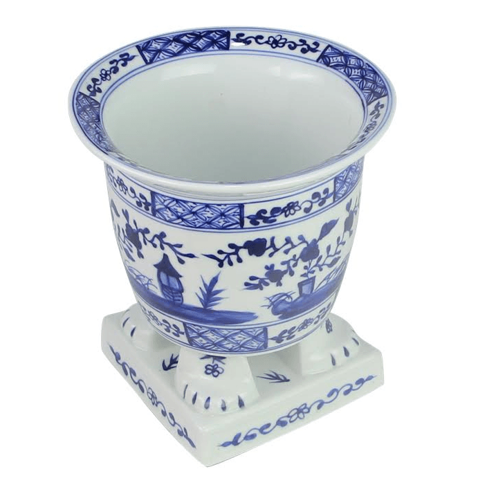 Porcelain Footed Planter in Dark Blue/White with Chinoiserie Design