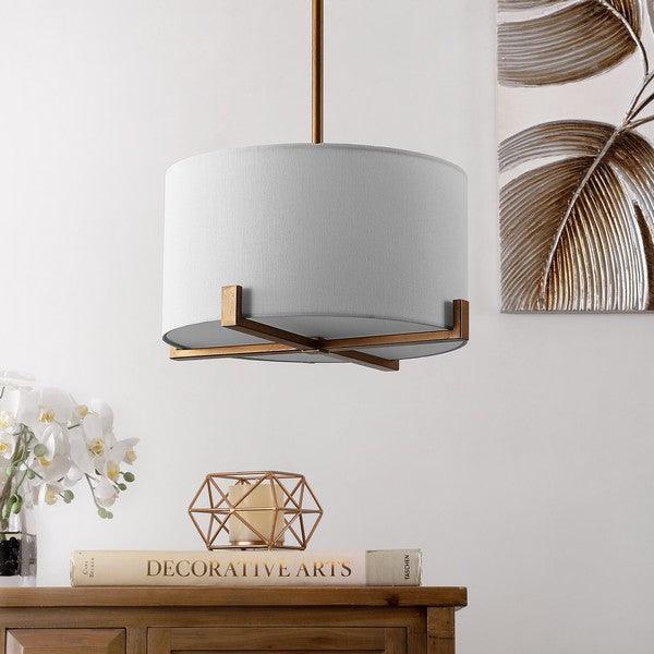 Safavieh Rema Brass Frame Pendant Light in Off-White Drum Shade