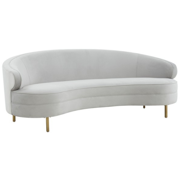 Safavieh Primrose Velvet Curved Sofa in Light Gray with Gold Legs