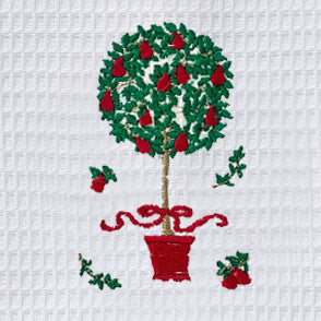 Guest Towel, Waffle Weave and Satin Trim, Pear Topiary Tree