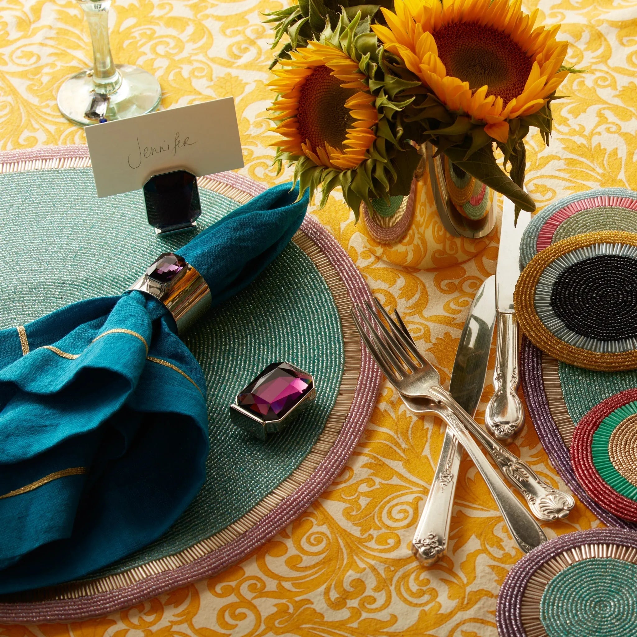 Damask print tablecloth, yellow