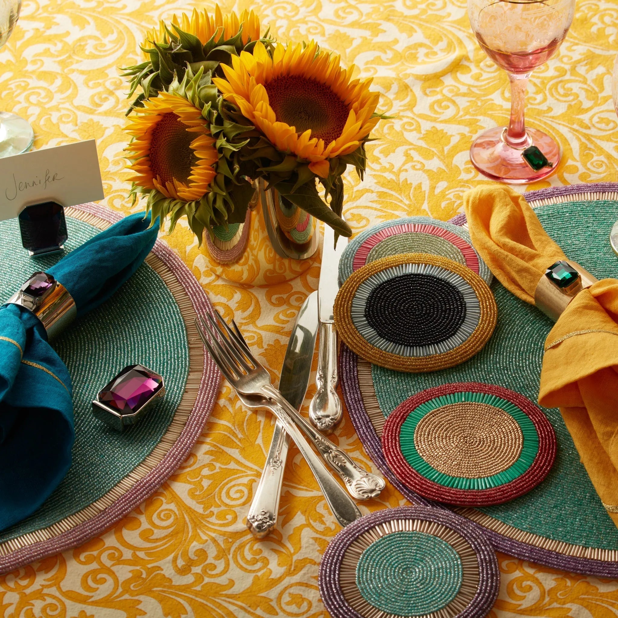 Bright stripe hand beaded placemat, aqua with lilac