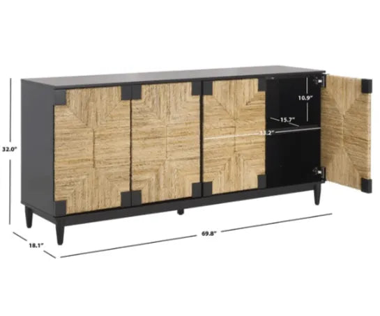 Safavieh Roseanne Wood Frame Sideboard in Black/Natural with 4 Cabinets