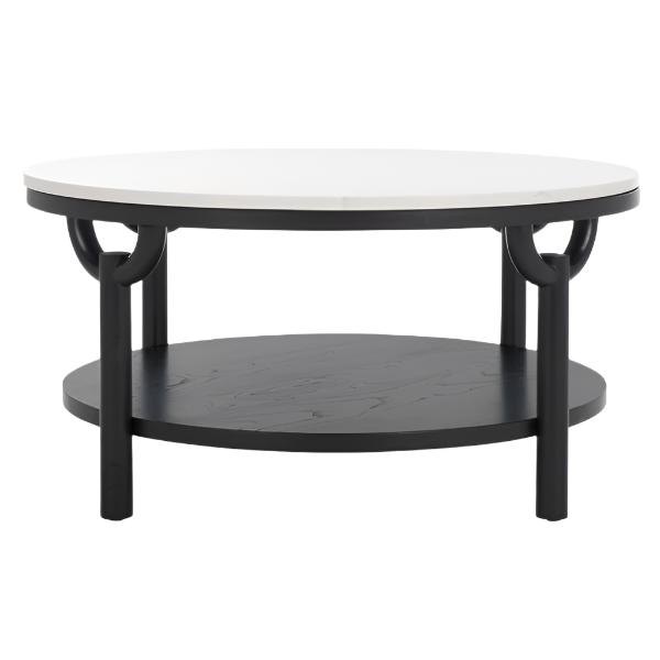 Puck Marble Top Coffee Table in Black/White with Wooden Base