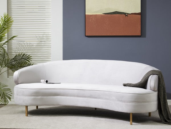 Primrose Velvet Curved Sofa in Light Gray with Gold Legs