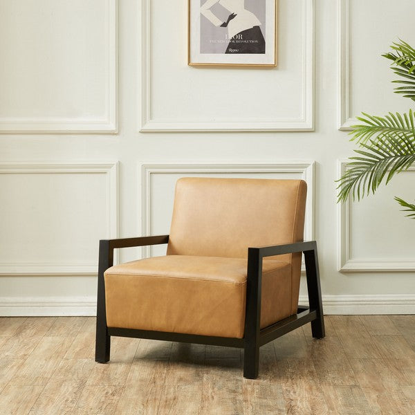 Safavieh Roselle Vegan Leather Accent Chair in Brown/Black with Birchwood Frame