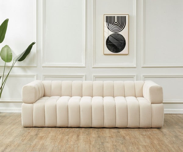 Calyna Channel Tufted Velvet Sofa in Cream