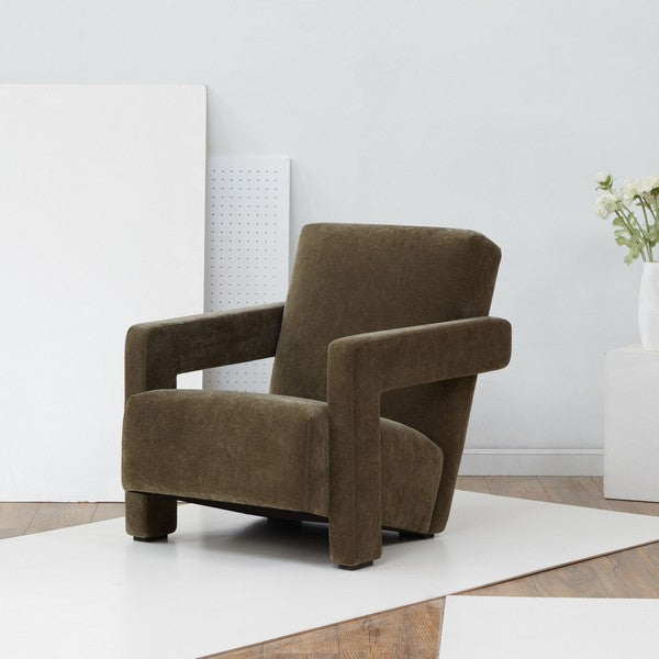 Taylor Boucle Accent Chair in Dark Olive Green with Angled Back and Seat