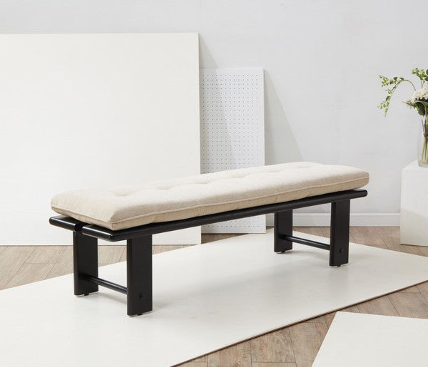 Safavieh Bartolili Linen Bench in Beige/Black with Tufted Cushioned Seat