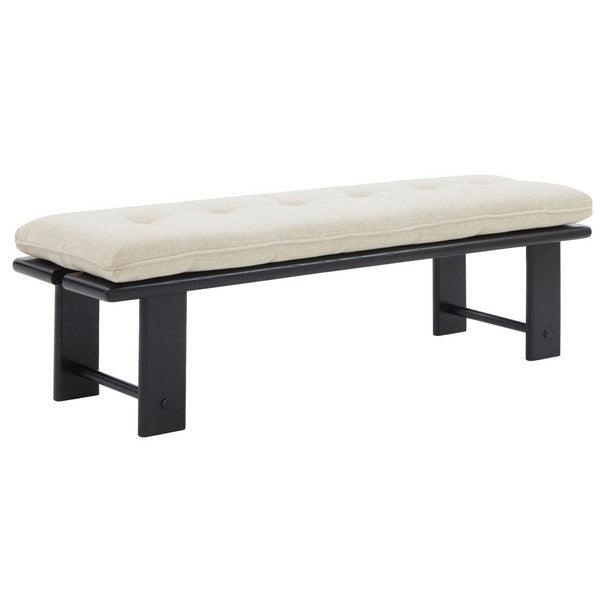 Bartolili Linen Bench in Beige/Black with Tufted Cushioned Seat