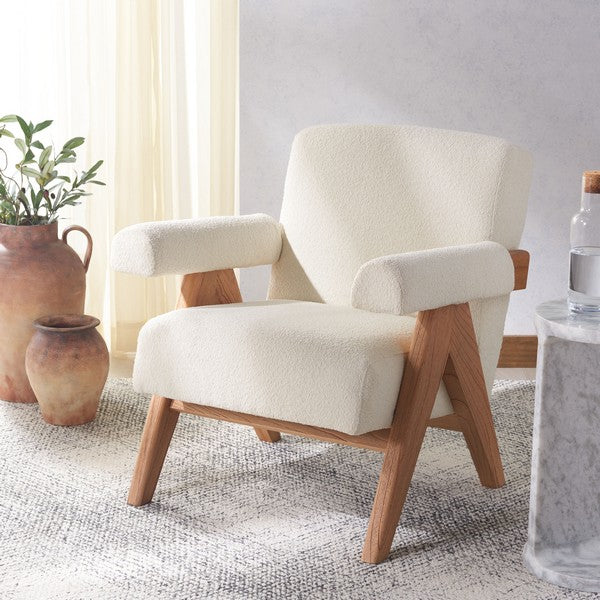 Safavieh Billie Upholstered Beige Boucle Accent Chair with Natural Mindi Wood