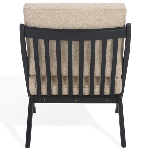 Nicki Scandinavian Mindi Wood Accent Chair in Sand/Black with Reclined Slatted Back