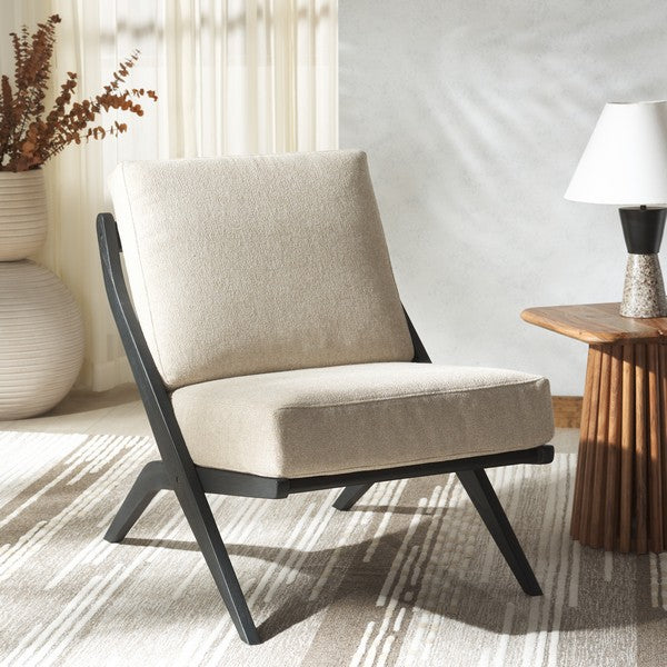 Nicki Scandinavian Mindi Wood Accent Chair in Sand/Black with Reclined Slatted Back