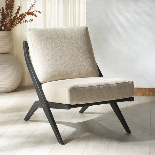 Nicki Scandinavian Mindi Wood Accent Chair in Sand/Black with Reclined Slatted Back