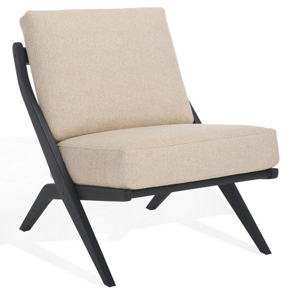 Nicki Scandinavian Mindi Wood Accent Chair in Sand/Black with Reclined Slatted Back