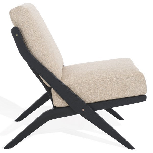 Nicki Scandinavian Mindi Wood Accent Chair in Sand/Black with Reclined Slatted Back