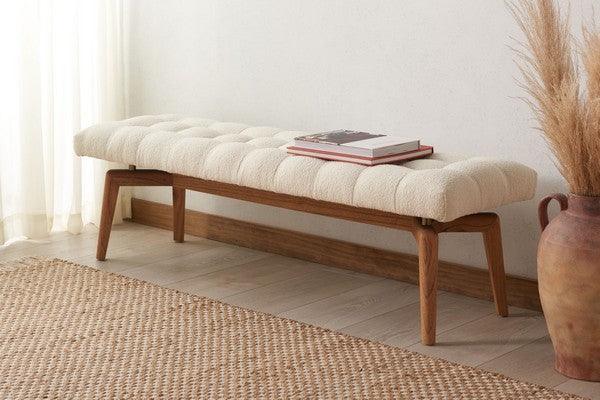 Safavieh Gallagher Tufted Boucle Bench in Beige with Natural Mindi Wood