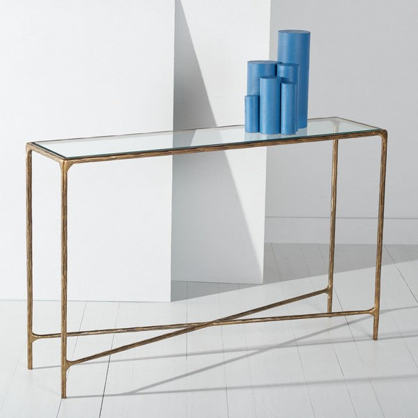 Jessa Forged Metal and Tempered Glass Console Table in Brass (Rectangle)