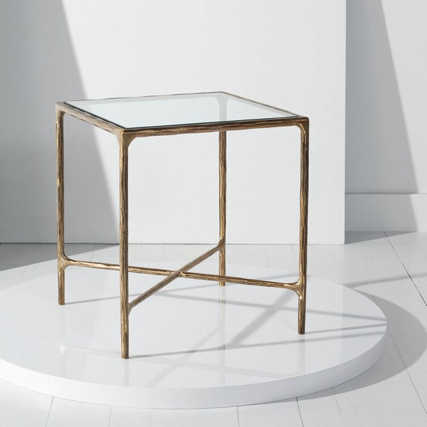 Jessa Forged Metal and Tempered Glass End Table in Brass (Square)