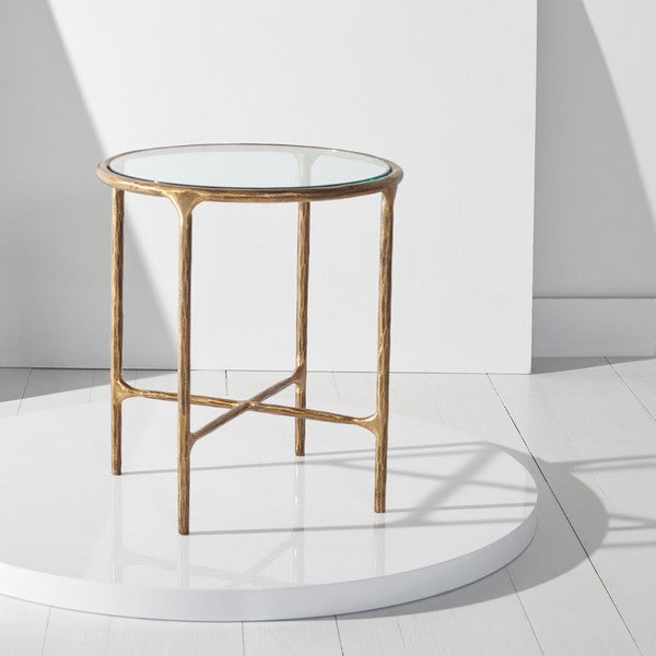 Jessa Forged Metal and Tempered Glass End Table in Brass (Round)