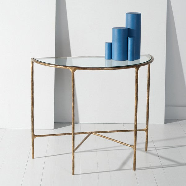 Jessa Forged Metal and Tempered Glass Console Table in Brass (Demilune)