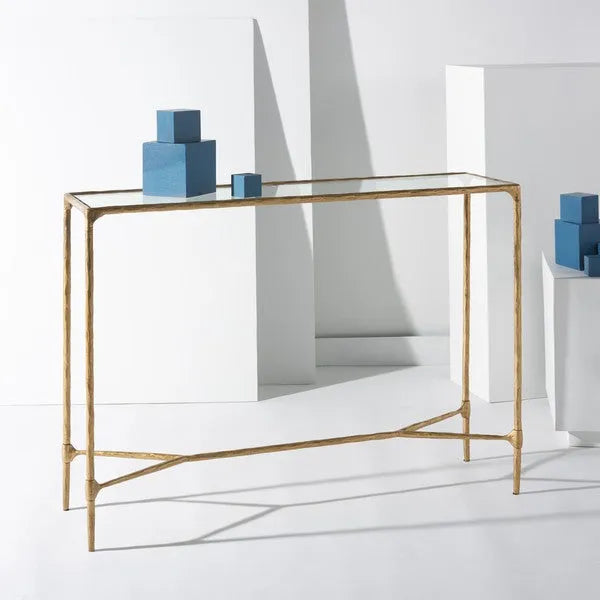 Isabellina Metal Console Table in Brass with Mirrored Glass Top