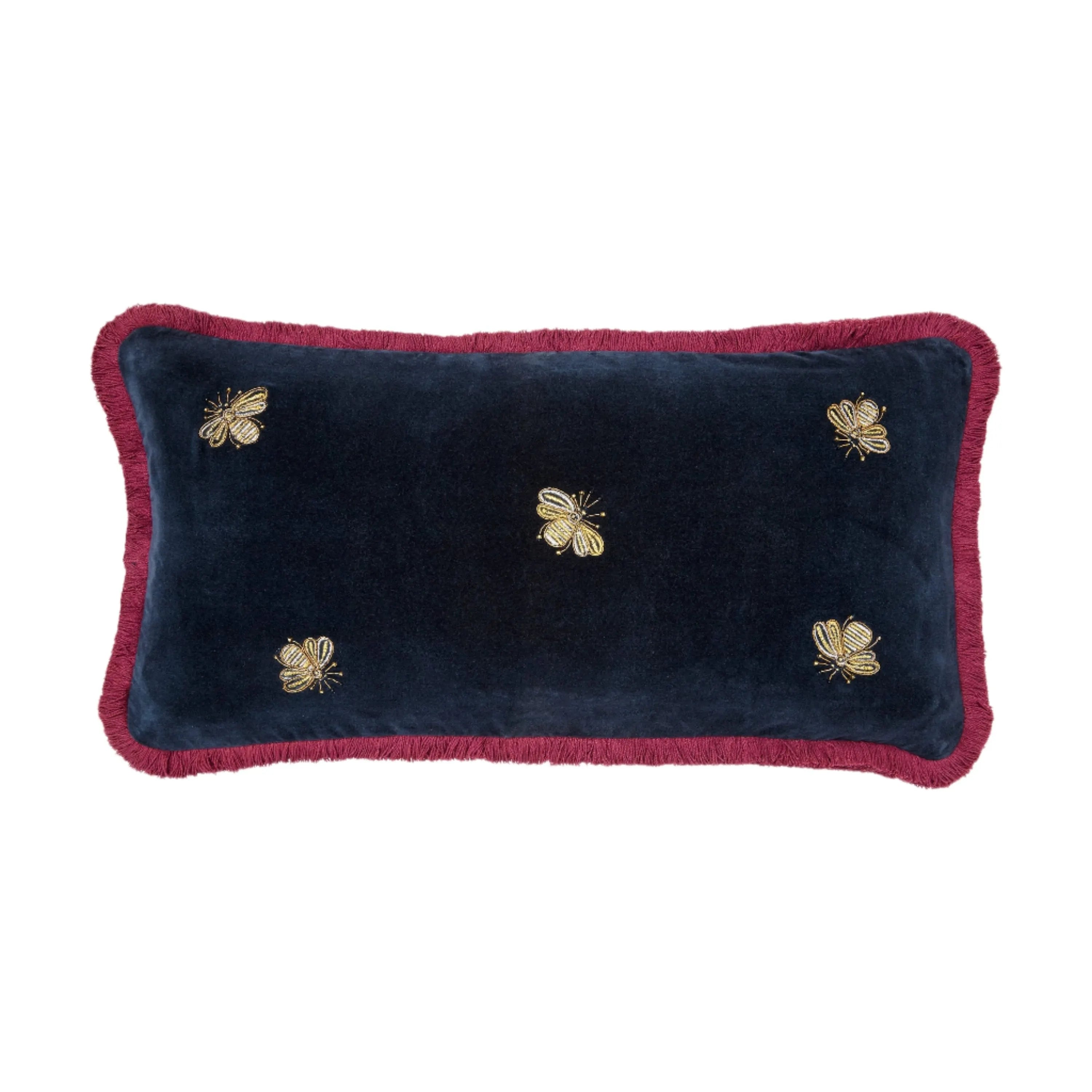 Embroidered bee fringe pillow, navy cotton velvet