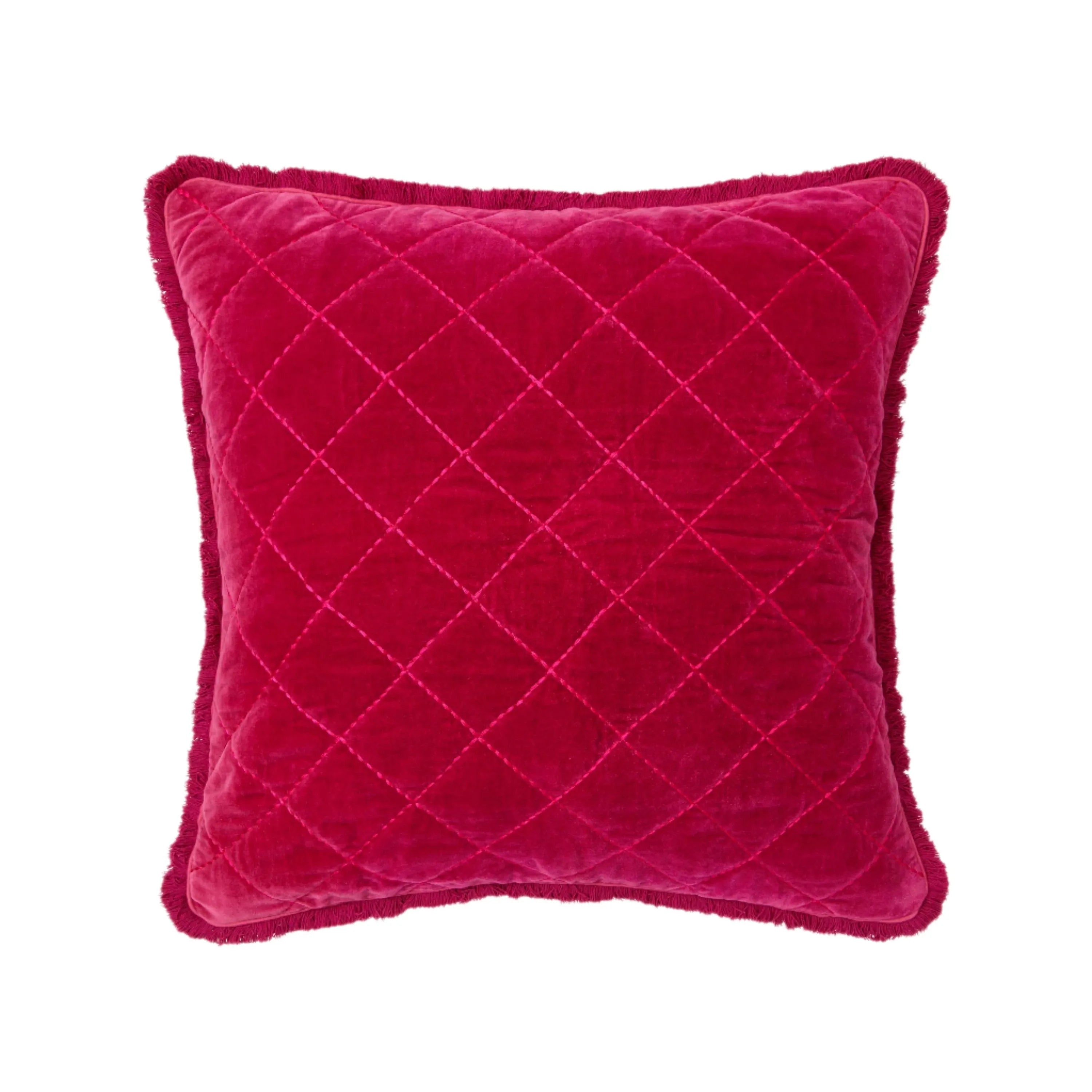 Quilted velvet fringe pillow, berry