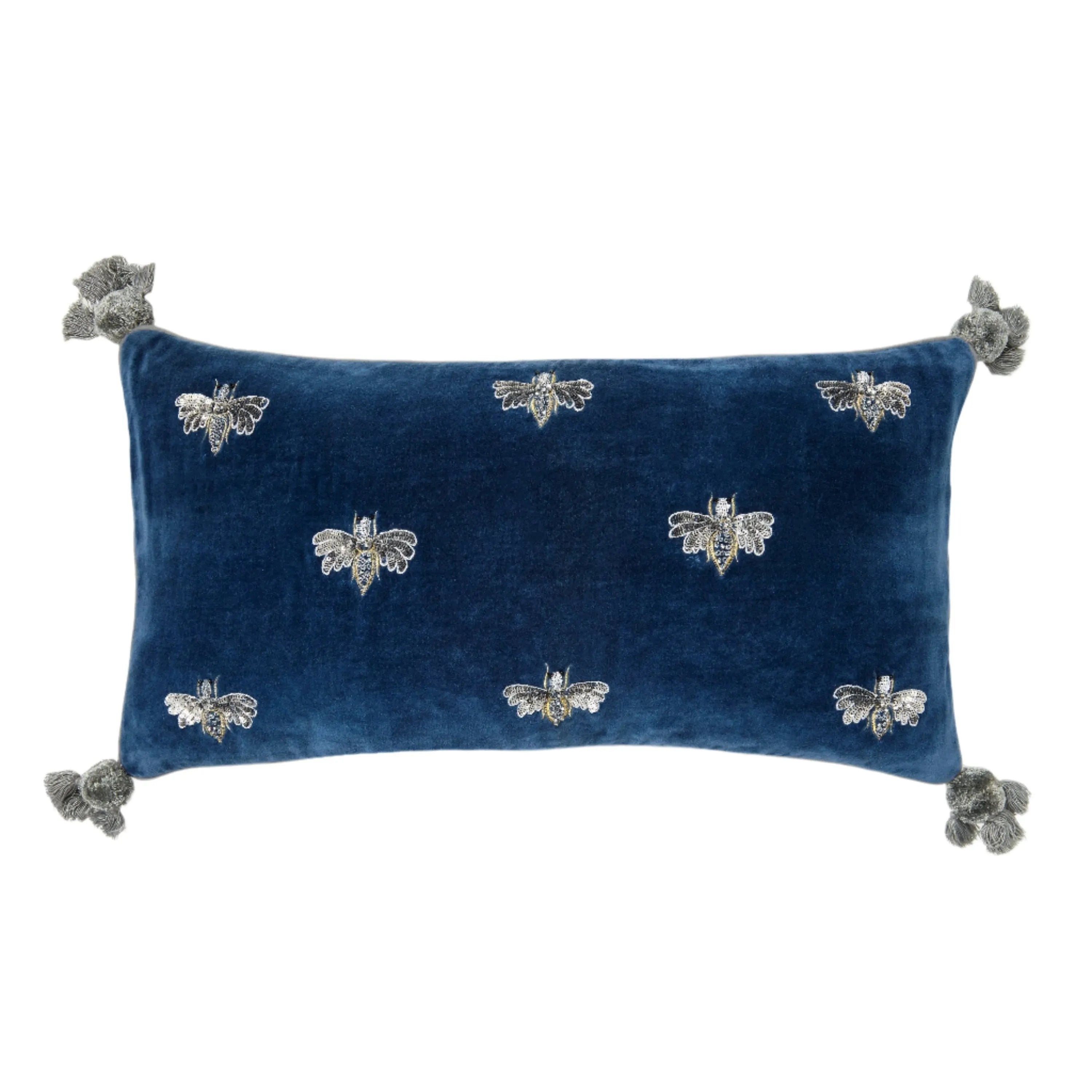 Embroidered pretty bug pillow, slate blue cotton velvet