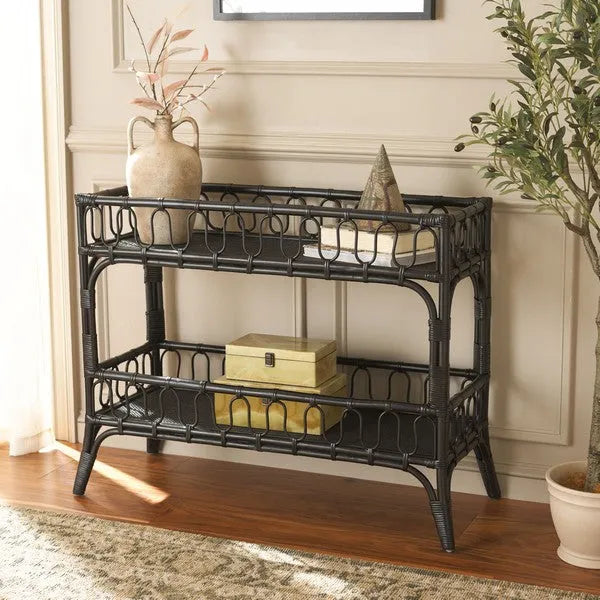 Isaiah Rattan Storage Unit in Black with 2 Tier Shelves