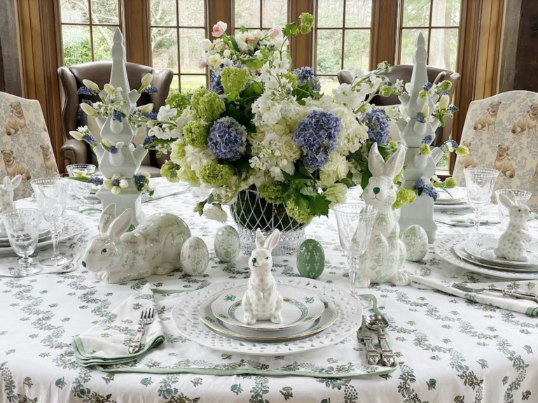 SMALL GREEN AND WHITE FLORAL STANDING BUNNY